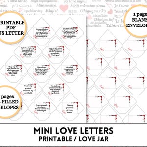 Puede incluir: Cartas de amor mini imprimibles en un diseño de sobre blanco con corazones rojos y acentos florales. La hoja imprimible incluye 25 sobres pre-rellenados y 1 página de sobres en blanco. El texto en la hoja dice "Mini Love Letters Printable / Love Jar".