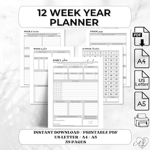 12 Week Year Printable Planner, Minimalist Undated Goal Planner & Productivity Binder, 12 Week Tracker, 12 Week Planner, US Letter, A4, A5