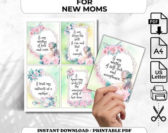 New Mom Affirmation Cards, Printable Postpartum Affirmation Cards, Baby Shower Gift, Self Love Cards, Instant Download, US Letter,  A4