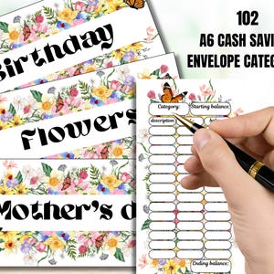 Könnte beinhalten: A6-Sparumschlagkategorien mit Blumen- und Schmetterlingsmotiven. Das Bild enthält die Wörter "Birthday", "Flowers" und "Mother's Day". Der Text "102 A6 CASH SAVINGS ENVELOPE CATEGORIES" ist ebenfalls sichtbar.