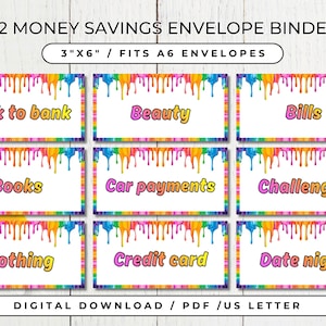 Puede incluir: Nueve carpetas de sobres de ahorro de dinero coloridas, cada una de 7,6 cm x 15,2 cm, con categorías como "Back to bank", "Beauty" y "Bills". El diseño presenta un fondo blanco con bordes de goteo de pintura arcoíris y texto. También incluye el texto "102 MONEY SAVINGS ENVELOPE BINDERS".