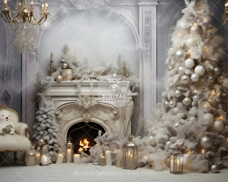 Christmas Tree & Fireplace Backdrop Digital Download Stock Photography