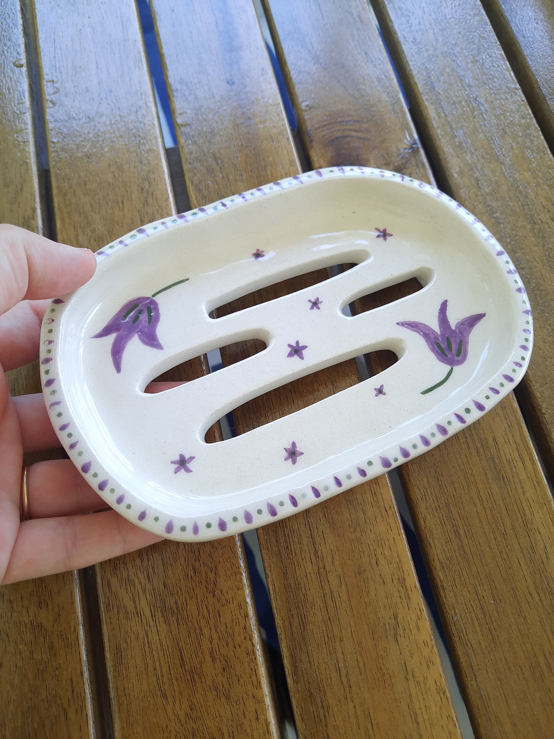 Handmade Ceramic Soap Dish With Drainer Painted With Purple Flowers
