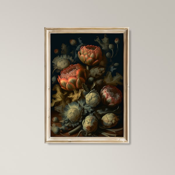 Artichoke Floral Still Life, Moody Oil Painting, Dark Victorian Decor, Surrealist Digital Art