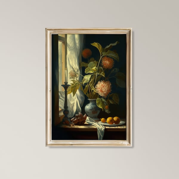 Dark Academia Still Life, Moody Oil Painting, Vintage Style Wall Decor, Digital Download, Cozy Colors, Antique-Inspired Home Art