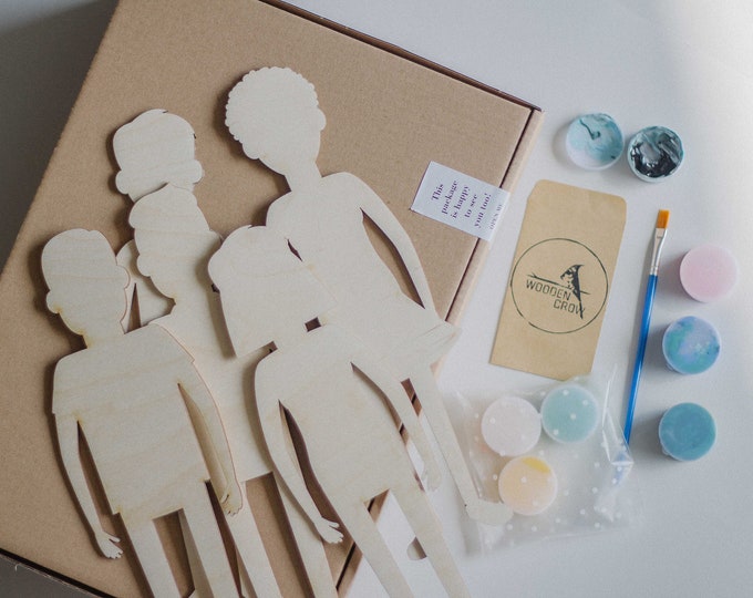 DIY Wooden people for Drawing. Craft Kit for Kids. Paints and Brushes Included