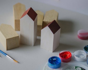 Set of 16 wooden houses. Unfinished wooden houses. Houses for painting coloring. Christmas wooden houses