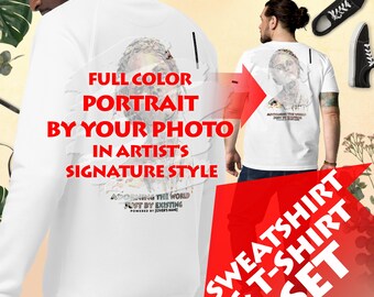 Sweatshirt and T-Shirt Set, Best Custom Gift for Any Occasion, Birthday Anniversary Present, Full Color Portrait by Photo, Sweatshirt Set