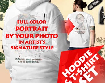 Hoodie and T-Shirt Set, Best Custom Gift for Any Occasion, Birthday Anniversary Present, Full Color Portrait by Photo, Custom Sweatshirt