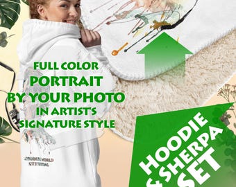 Hoodie and Blanket Set, Best Personalized Gift for Any Occasion, Custom Sherpa Blanket, Photo Portrait Present for Him Her, Art Pack