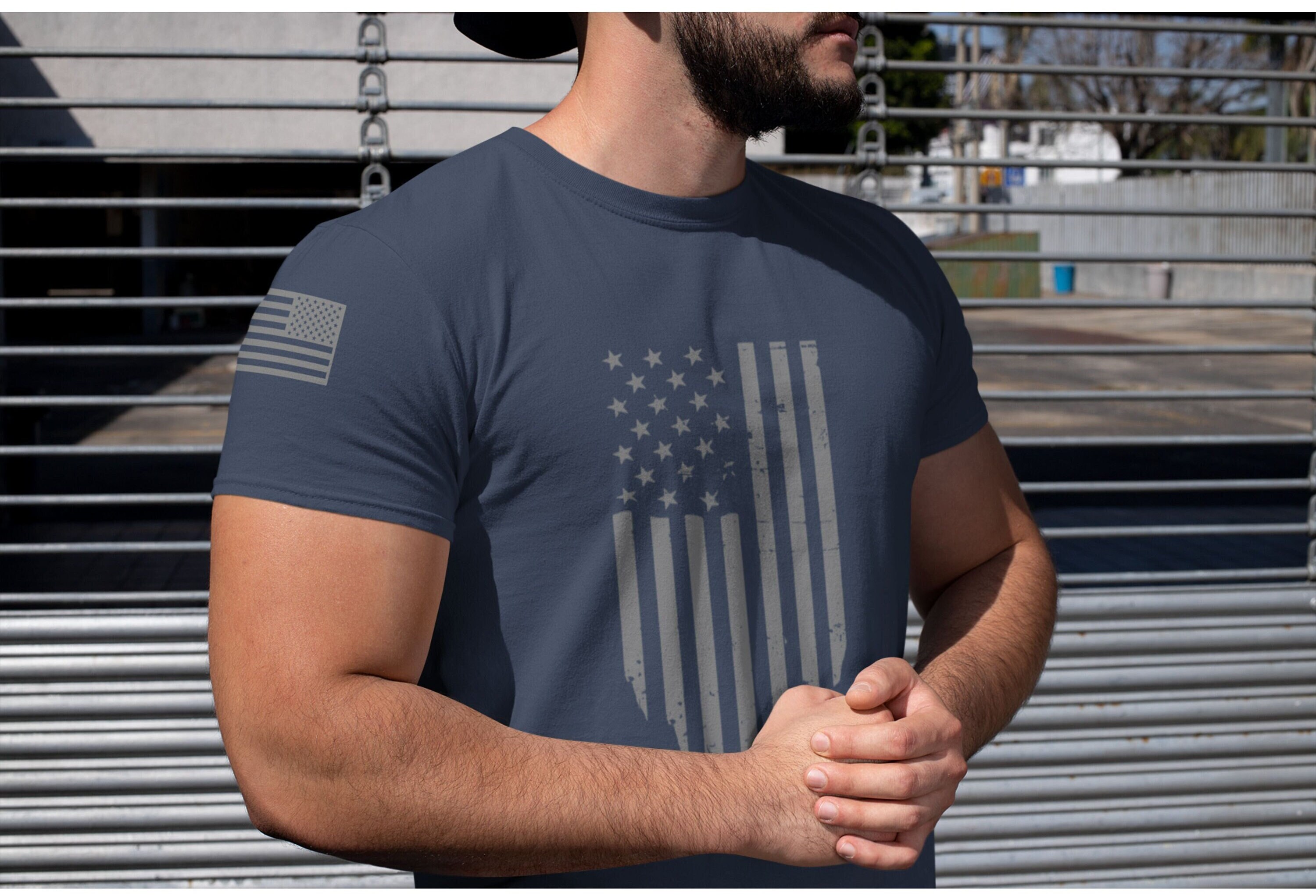 USA Flag Mens Shirt Military Army Style Flag on Sleeve Patriotic ...