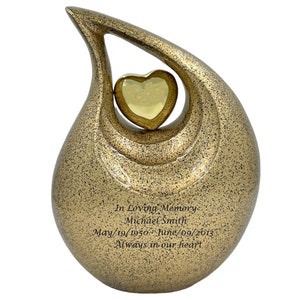 Golden Cremation Urn With Personalization - Urn For Burial - Funerary Urn - Urn For Wife - Urn For Husband - Memorial Urn - Teardrop Urn