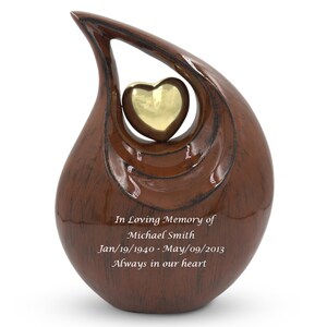 Urna de Cremación Marrón – Urna Personalizada con Bolsa de Terciopelo – Urna de Cremación Marrón con Corazón Dorado - Urna de Cremación - Urna para Memorial - Urna