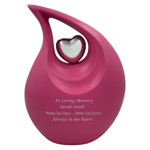 Matte Pink Cremation Urn with Silver Heart - Adult Ashes Urn - Cremation Urn For Human Ashes - Male & Female Cremation Urn - Teardrop Urn