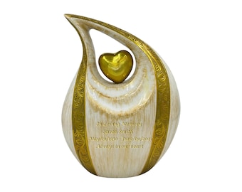 HeavenlyUrnsStore Prachtige witte en gouden crematie-urn met gravure - Gepersonaliseerde urn voor volwassenen - Begrafenisurn ter nagedachtenis