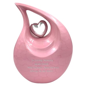 Pink Teardrop Cremation Urn with Silver Heart - Ceramic Memorial Keepsake With Personalization - Unique Funeral Urn - Pink Urn Male & Female