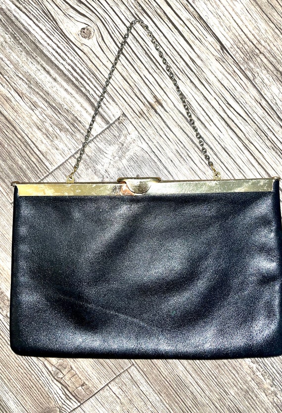 Vintage Black Leather Evening Clutch with Gold Cha