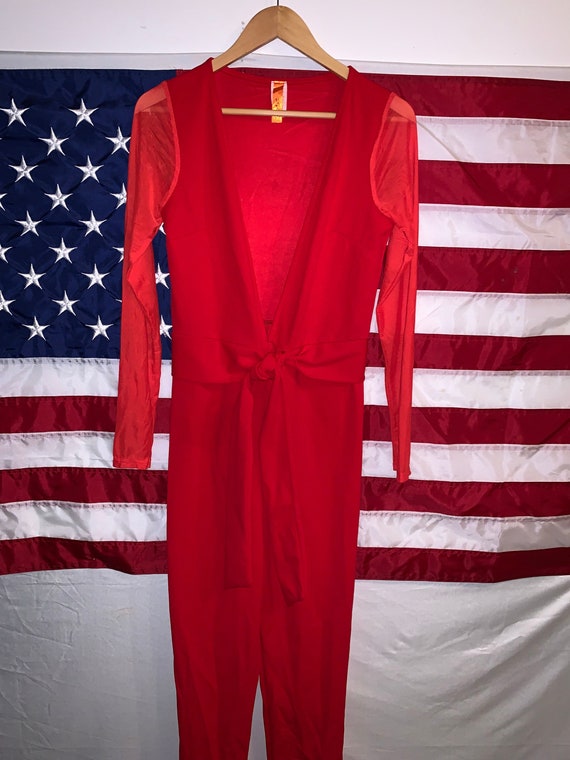 Vintage open-front red Jumpsuit w/wrap by Style-B… - image 1