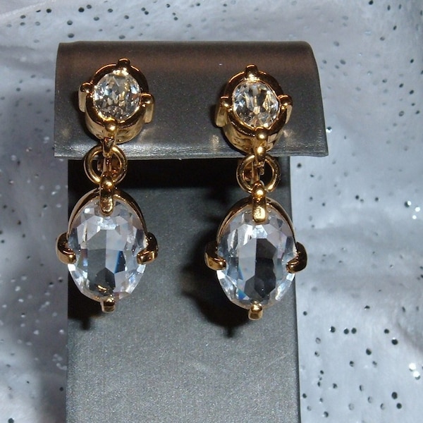 Vintage Signed Swarovski Stunning Crystal Rhinestone and Gold Tone Runway Statement Clip On Earrings