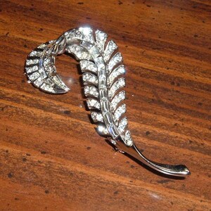May include: A silver-toned brooch shaped like a stylized leaf, with a row of clear rhinestones down the center and smaller rhinestones along the edges.