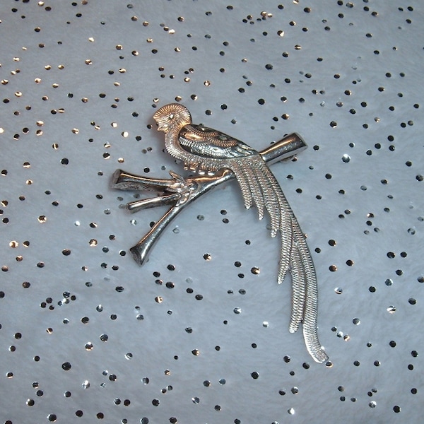 Vintage Detailed Fancy Bird Pin Guatemala Hand Etched Quetzal 900 Silver 5 gms 36x51