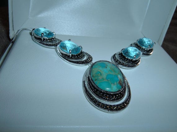 LE VIEUX Swarovski Crystals Marcasite Necklace Fine Silver plate