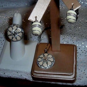 Beautiful FADI 925 Sterling Silver Vintage Cubic Zirconia set, ring, necklace, earrings-Cream Enamel. hi-end lots of sparkle