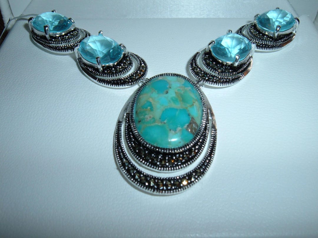 LE VIEUX Swarovski Crystals Marcasite Necklace Fine Silver Plate