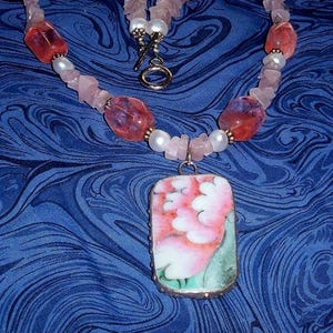 Cherry Quartz Necklace. Pottery Shard Ming to Ching Dynasty 300-900 years old. Piece of History! Unearthed in archeological dig-China 18"