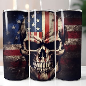 American Skull and Flag 20oz Sublimation Tumbler Wallpaper Designs, 4th Of July Skulls Straight Skinny Tumbler Wrap PNG, Sublimation Design