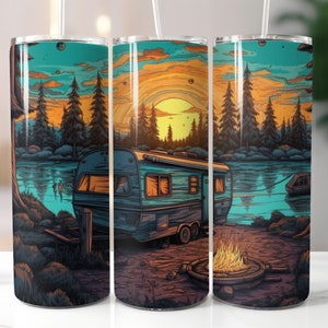 Outdoor Camper Woods Lakeside 20oz Sublimation Tumbler Designs, Beach Camper Straight Skinny Tumbler Wrap PNG, Sublimation Design PNG