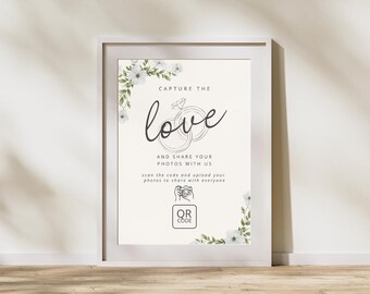 Wedding Photo Sharing Sign – QR Code Sign Template – Capture the Love – Editable Canva Download – Minimalist Wedding Decor