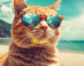 ビーチでサングラスをかけたクールな猫 | デジタルプリント PNG