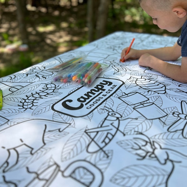 Affiche de coloriage personnalisée pour enfant, fête de camping, cadeau de camping personnalisé, activité de camping pour enfants, activité de fête, table de coloriage, 72"x30"