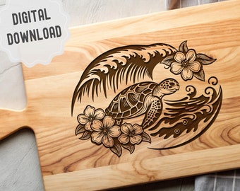 Sea Turtle Svg, Turtle with Wave and Flowers, Turtle Silhouette, Summer Cutting Board Svg, Ocean Animal Svg, Laser Engraving, Printing Craft