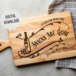 Tagliere di salumi divertente SVG, detto sarcastico "Gli snack sono spariti", file digitale per tagliere per riunioni di amici e familiari, vassoio da portata SVG