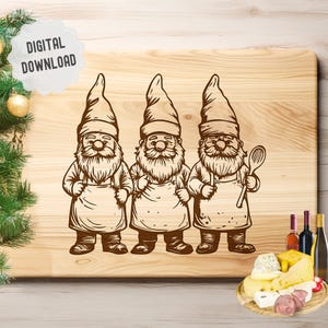 May include: Three cartoon gnomes wearing chef hats and aprons, holding kitchen utensils. The gnomes are brown and white and are standing on a wooden surface.