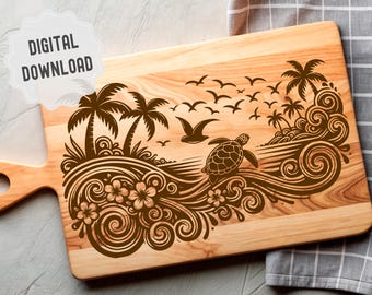 Żółw morski Svg, deska do krojenia Svg, deska do wędlin Svg, zwierzę morskie, żółw z falami projekt do grawerowania laserowego, Glowforge, rzemiosło