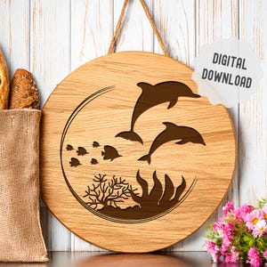Svg dauphin, dauphin cadre rond avec poissons et plantes marines, svg Ocean Life, Silhouette de dauphin, fichiers SVG à téléchargement numérique, Glowforge