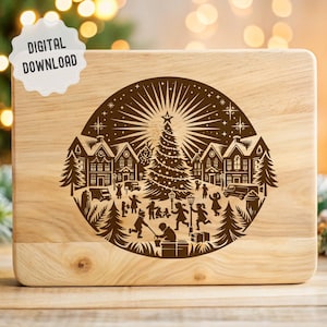 Weihnachtsstadt Charcuterie Board SVG, Schneidebrett SVG, Weihnachtsszene SVG, Küche Vektor-Design bereit für die Lasergravur, Glowforge