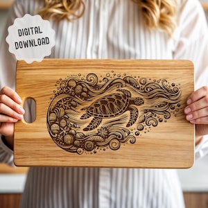 Tortue de mer, Svg, planche à découper, Svg de planche de charcuterie, Animal marin, Tortue avec fleurs pour gravure laser, Glowforge, Artisanat