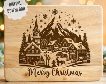 Śnieżna wioska bożonarodzeniowa SVG, Deska do krojenia wędlin i serów kuchennych SVG, Zima SVG, Projekt wektorowy do grawerowania laserowego, Glowforge