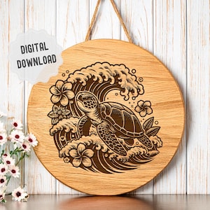 Tortuga marina SVG, tortuga con olas y flores, tabla de cortar charcutería SVG, animal marino SVG, archivos DXF de Glowforge con grabado láser vectorial