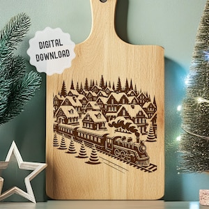 Ville de Noël avec train, planche de charcuterie SVG, planche à découper Svg, scène de Noël, décoration de cuisine, prête pour la gravure au laser, Glowforge
