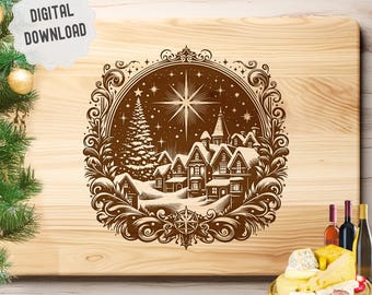 Archivo vectorial de pueblo navideño redondo para grabado láser, tabla de charcutería SVG, tabla de cortar Svg, escena navideña Svg, decoración de cocina navideña