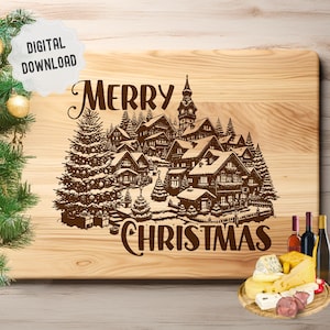 Village de Noël charcuterie planche SVG, planche à découper Svg, scène de Noël Svg, conception de vecteur de cuisine prête pour la gravure au laser, Glowforge