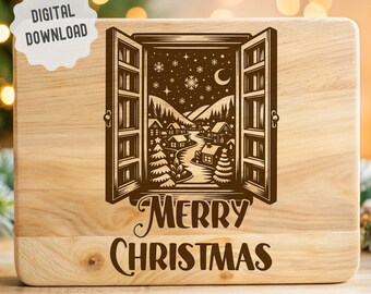 Widok na wioskę bożonarodzeniową z okna (SVG), deska do krojenia wędlin (SVG), szopka bożonarodzeniowa (SVG), projekt wektorowy kuchni do grawerowania laserowego, Glowforge