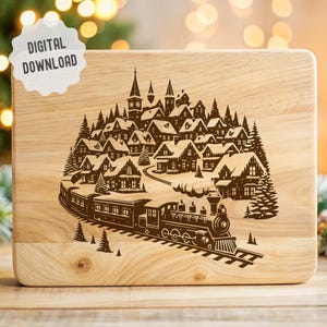 Ville de Noël avec train, planche de charcuterie SVG, planche à découper Svg, scène de Noël, décoration de cuisine, prête pour la gravure au laser, Glowforge