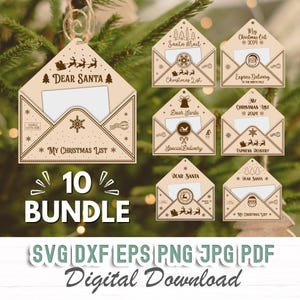 10 Paquetes de Cartas Navideñas a Papá Noel 2024 Adornos Navideños Svg Dxf Lista de Deseos para Niños Corte Láser Glowforge Lightburn Imprimible Descarga Digital