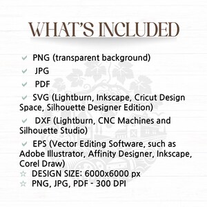 以下が含まれることがあります： 購入に含まれるデジタルファイルのリスト：PNG、JPG、PDF、SVG、DXF、EPS。ファイルは6000 x 6000ピクセル、300 DPIです。ファイルは、Lightburn、Inkscape、Cricut Design Space、Silhouette Designer Edition、Adobe Illustrator、Affinity Designer、Corel Drawなど、さまざまなデザインソフトウェアプログラムと互換性があります。